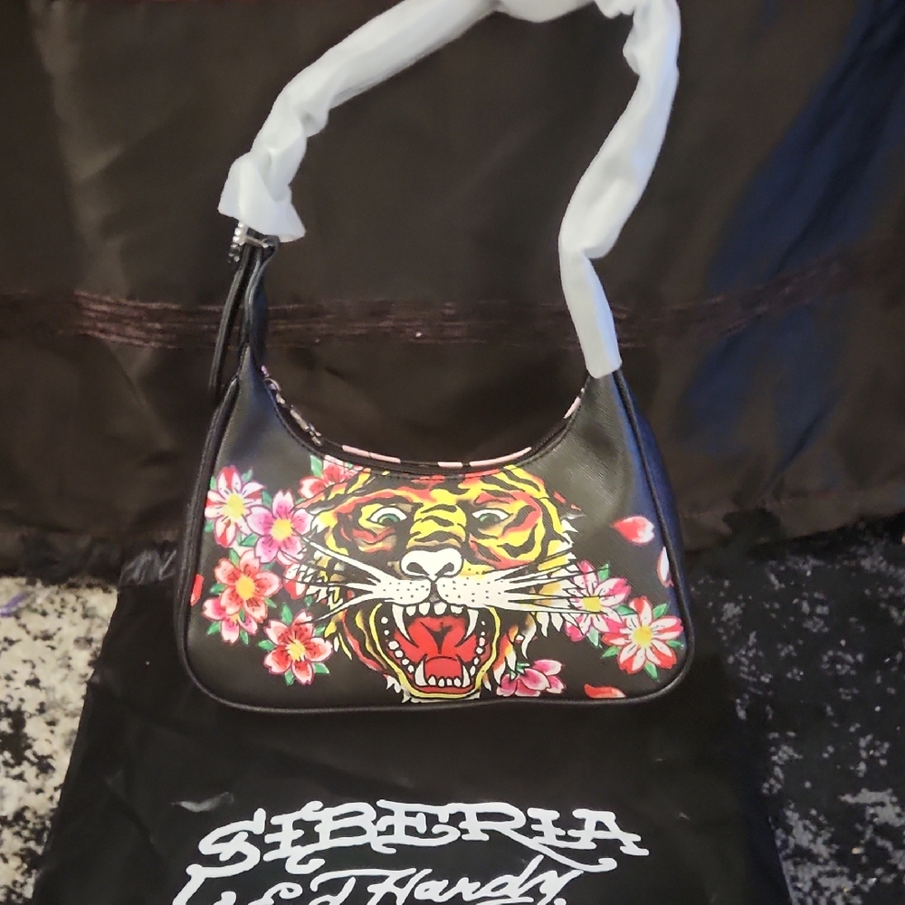 Ed Hardy Black Shoulder Bag with Floral Tiger Graphic NWOT
